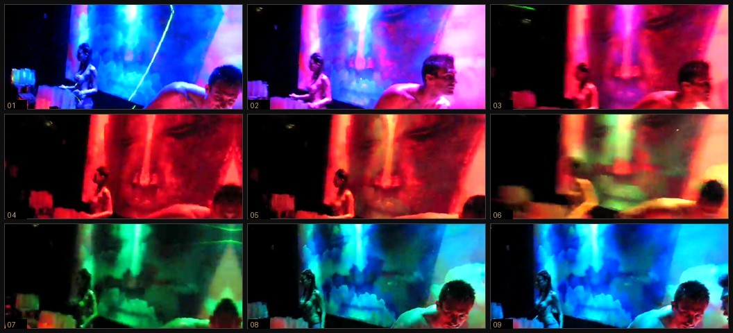 Contact sheet of nine frames — the buddha head brought up out of a field of clouds, through full color, and dissolving away again as the light passes across the print