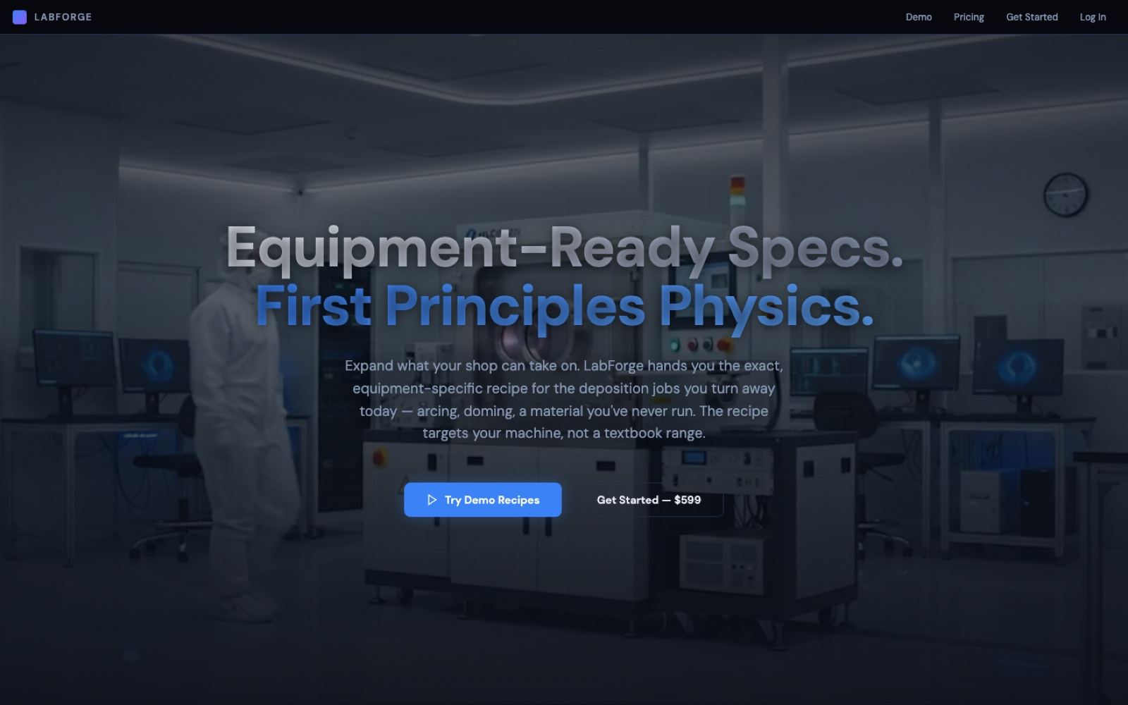 The LabForge landing page — dark cleanroom hero with the product headline and calls to action