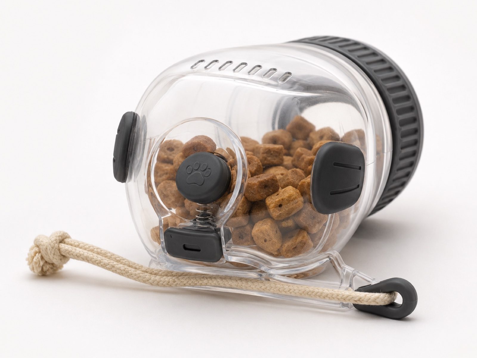 TRÖV Forage Vault — spring-loaded single-portion treat dispenser with paw-print plunger and rope-leash tether
