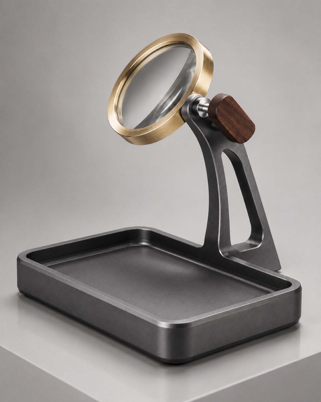 TRÖV Loupe Valet — brass-ringed magnifier on a friction pivot over a machined catch-all tray